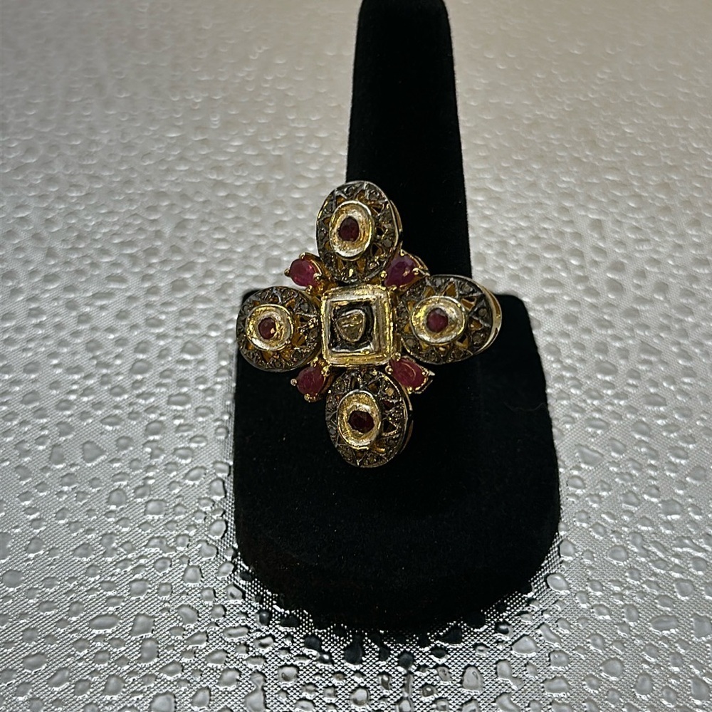 Polkie diamond and Ruby statement ring. Platinum over sterling. Size 6 3/4​